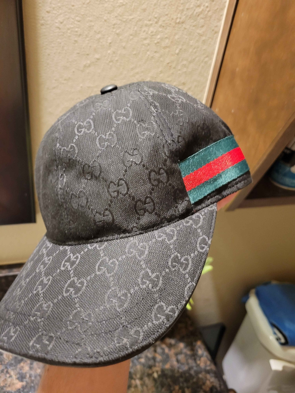 Gucci Black Monogram Baseball Cap with Web Stripe - Picture 7 of 7